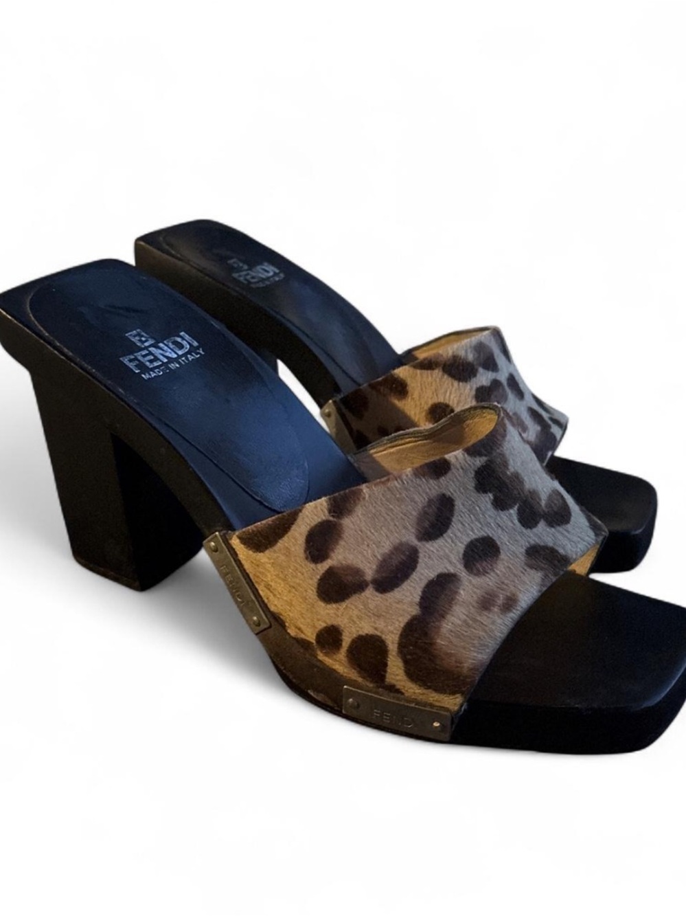 Fendi Leopard-Print Slide Mules in Black & Brown calf hair
